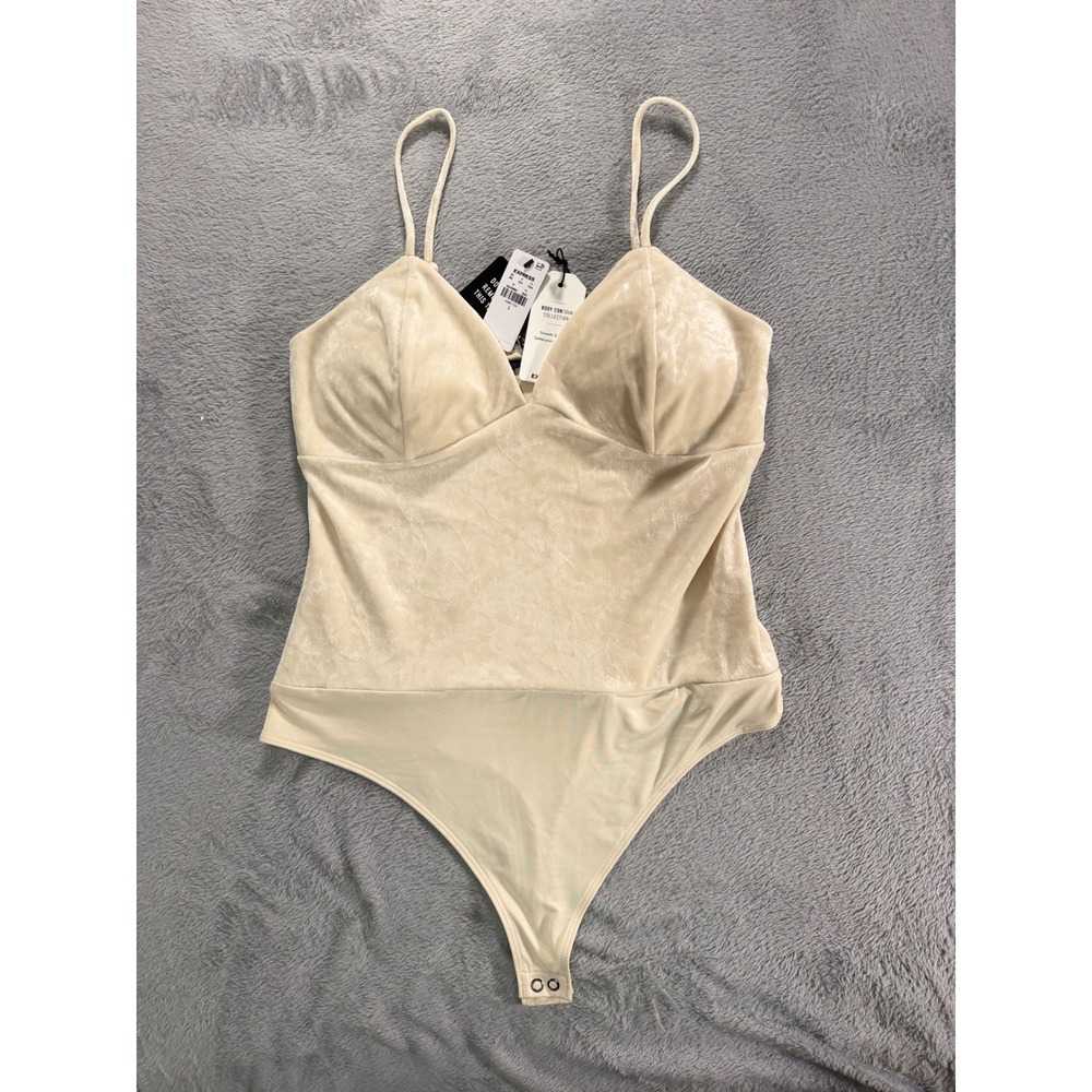 Express Body Contour Crushed Velvet V Neck Bodysuit Champagne Spaghetti Strap L - Picture 3 of 7